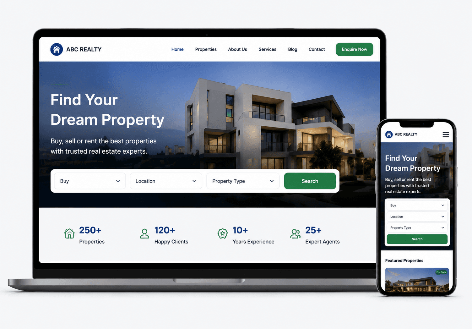ABC Realty website template preview shown on laptop and mobile devices